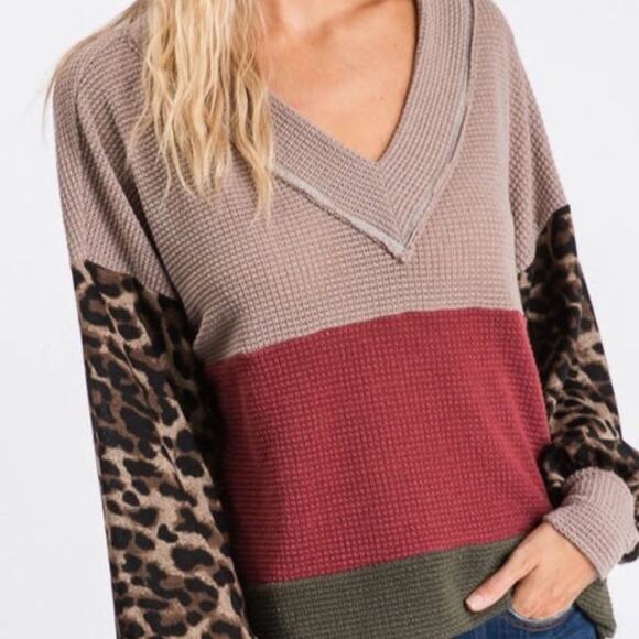 Leopard Animal Print Balloon Sleeve Waffle Knit Color Blocking Fall Blouse - Picture 7 of 10
